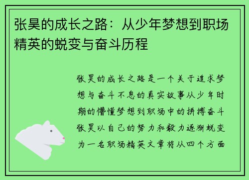 张昊的成长之路：从少年梦想到职场精英的蜕变与奋斗历程