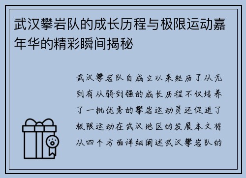 武汉攀岩队的成长历程与极限运动嘉年华的精彩瞬间揭秘