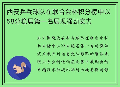 西安乒乓球队在联合会杯积分榜中以58分稳居第一名展现强劲实力