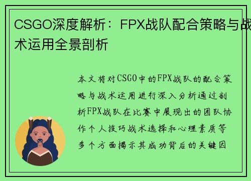 CSGO深度解析：FPX战队配合策略与战术运用全景剖析