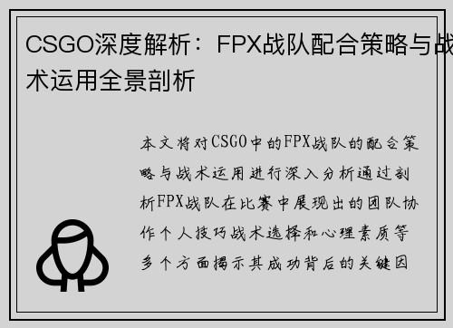 CSGO深度解析：FPX战队配合策略与战术运用全景剖析