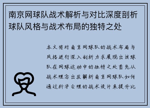南京网球队战术解析与对比深度剖析球队风格与战术布局的独特之处