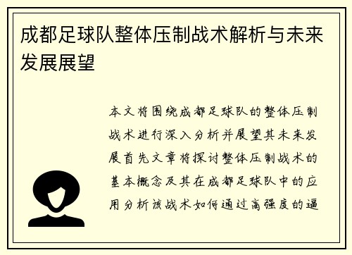 成都足球队整体压制战术解析与未来发展展望