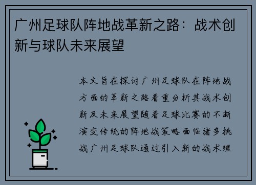 广州足球队阵地战革新之路：战术创新与球队未来展望