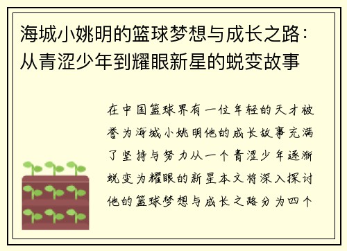 海城小姚明的篮球梦想与成长之路：从青涩少年到耀眼新星的蜕变故事