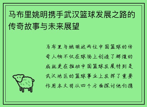 马布里姚明携手武汉篮球发展之路的传奇故事与未来展望