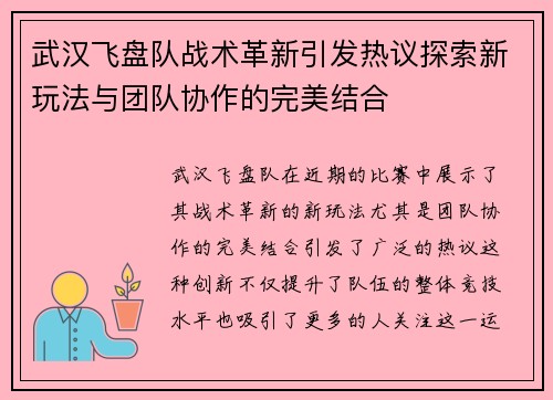 武汉飞盘队战术革新引发热议探索新玩法与团队协作的完美结合