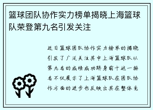 篮球团队协作实力榜单揭晓上海篮球队荣登第九名引发关注